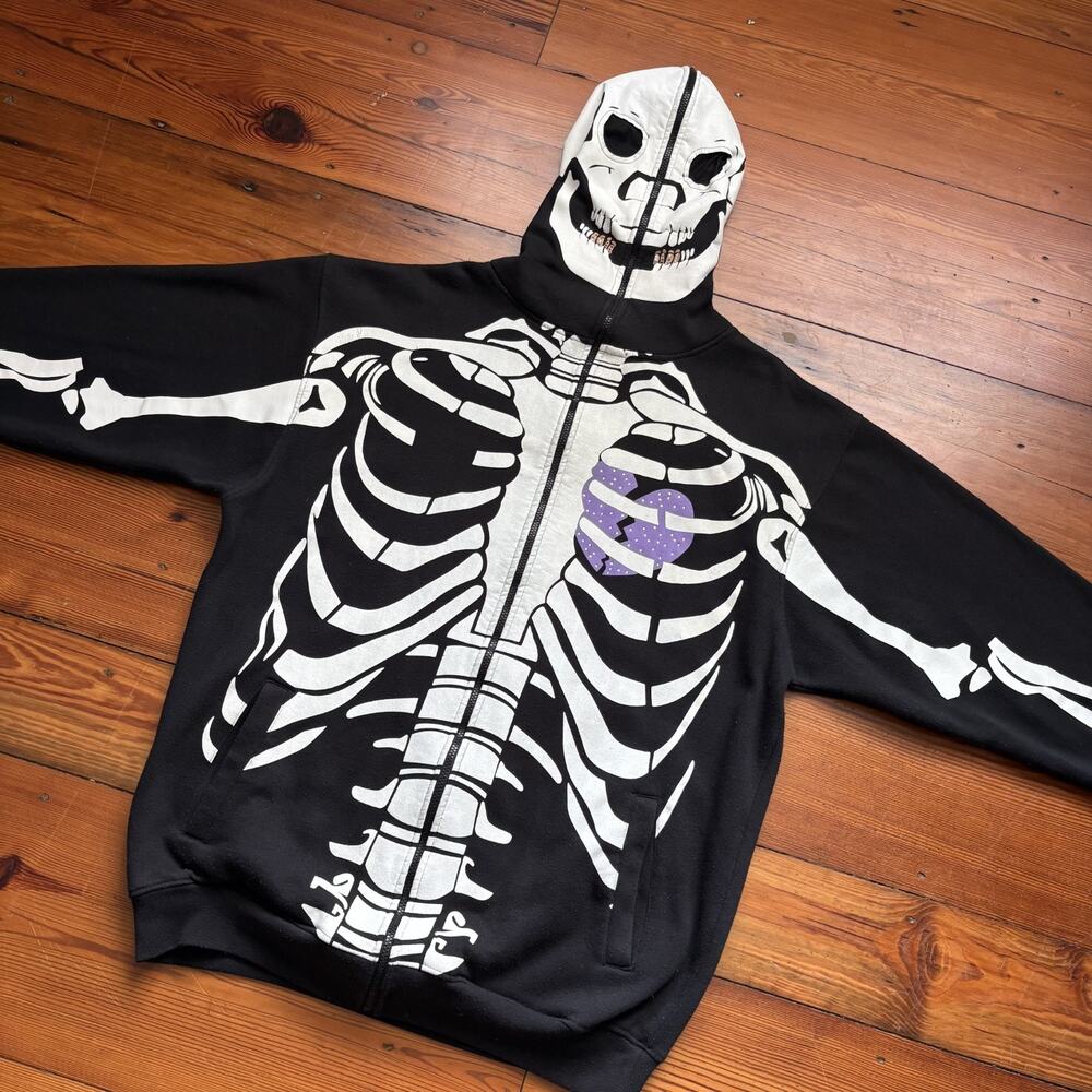 Vintage Dead Serious Skeleton Full Zip Hoodie Black Men's Size 3XL RARE Y2K
